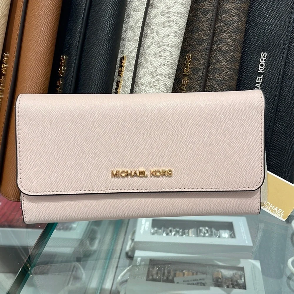 MICHAEL KORS JET SET TRAVEL LARGE TRIFOLD WALLET POWDER BLUSH COLOR